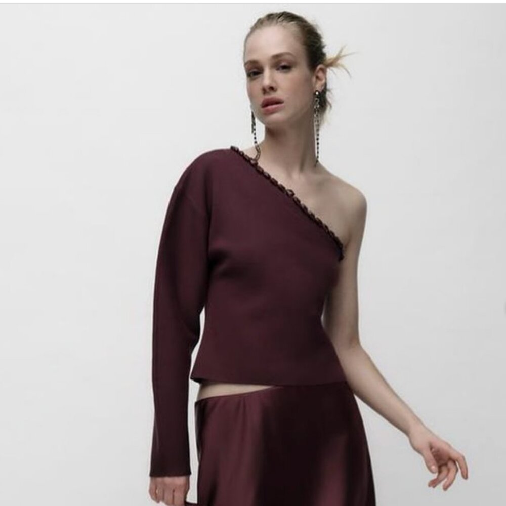 NWOT ZARA Asymmetric  One Shoulder Bobble Sweater Beaded Trim Knit Top